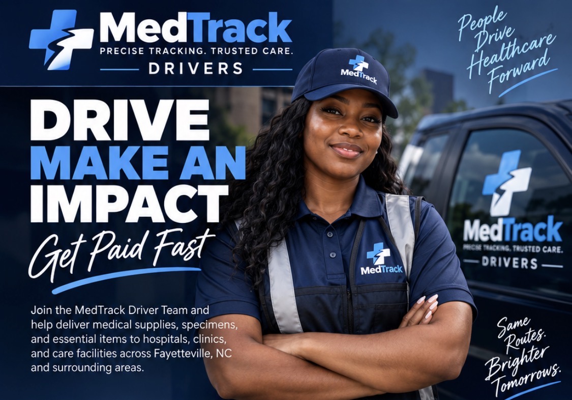 MedTrack driver beside a company vehicle — drive, make an impact, get paid fast